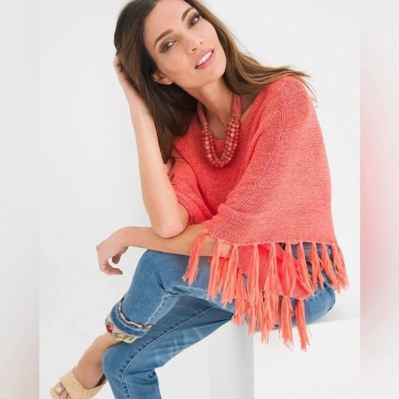 Chicos Poncho Orange Tape Yarn Knit Fringe Asymmetrical Pumpkin SZ Small Medium - Picture 2 of 15